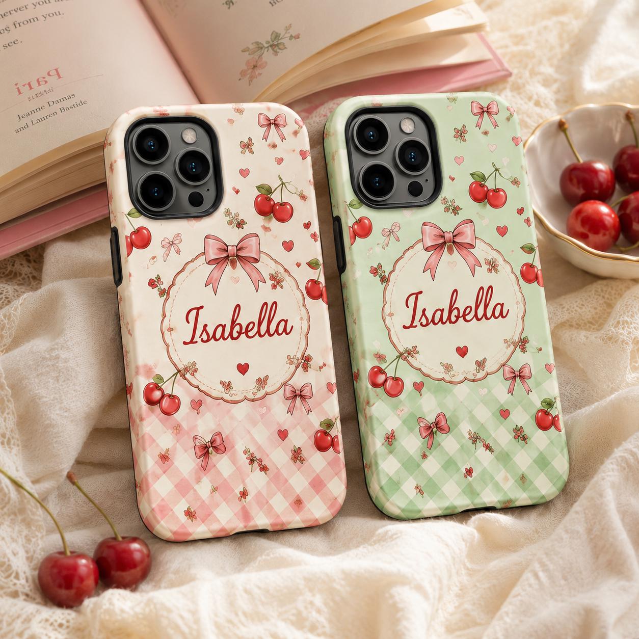Personalized Cherry Phone Case, Custom Name Coquette Tough Case