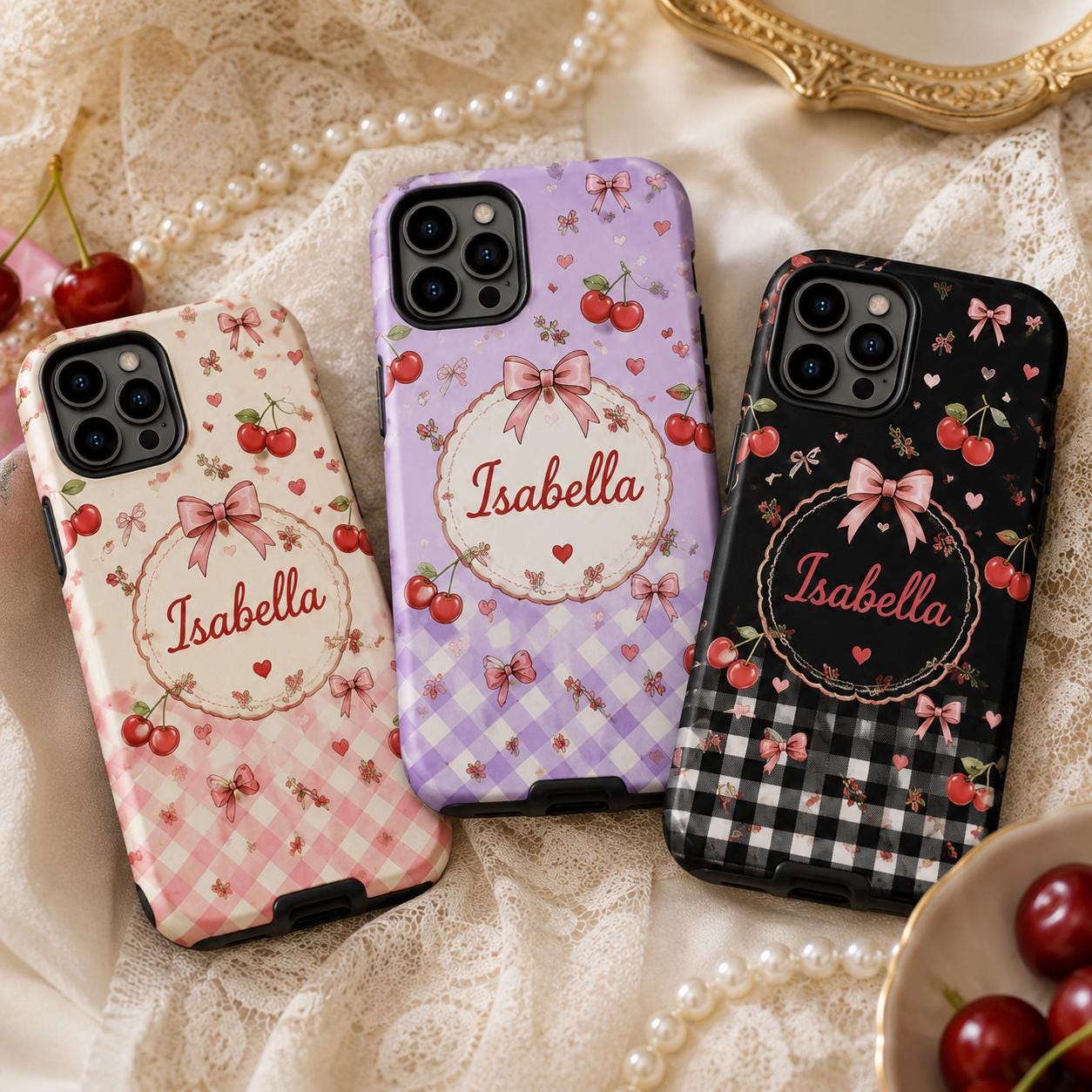 Personalized Cherry Phone Case, Custom Name Coquette Tough Case