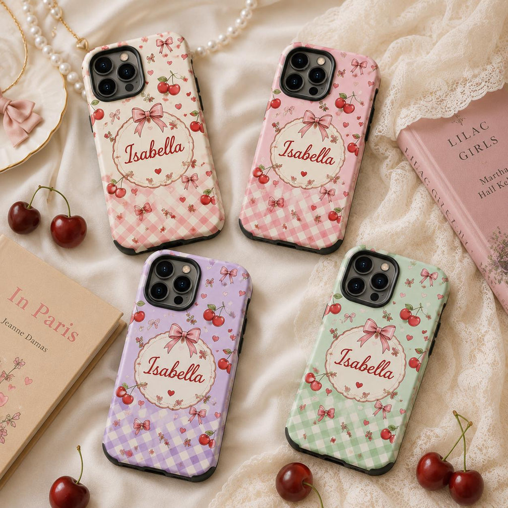 Personalized Cherry Phone Case, Custom Name Coquette Tough Case