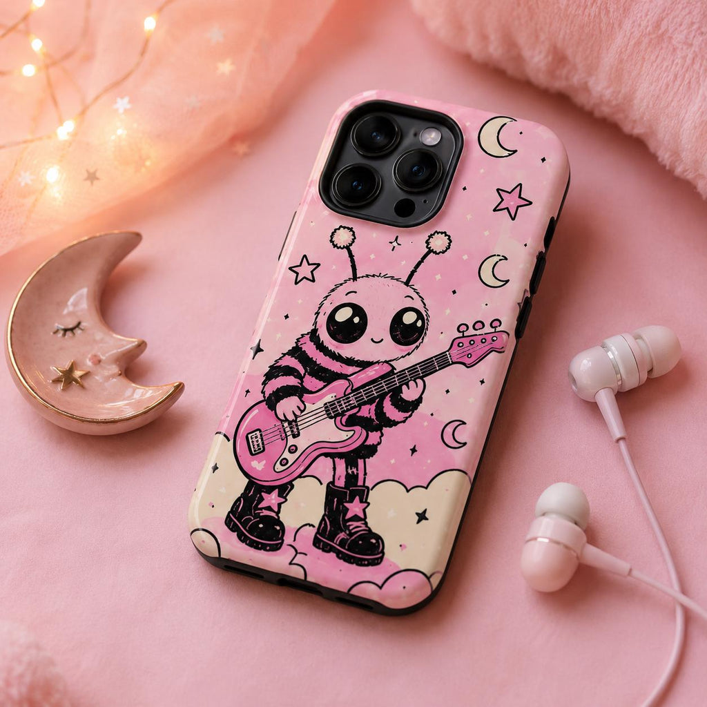Cute Rock Moth Phone Case, Pink Guitar Music iPhone Case, Kawaii Bug Lover Gift