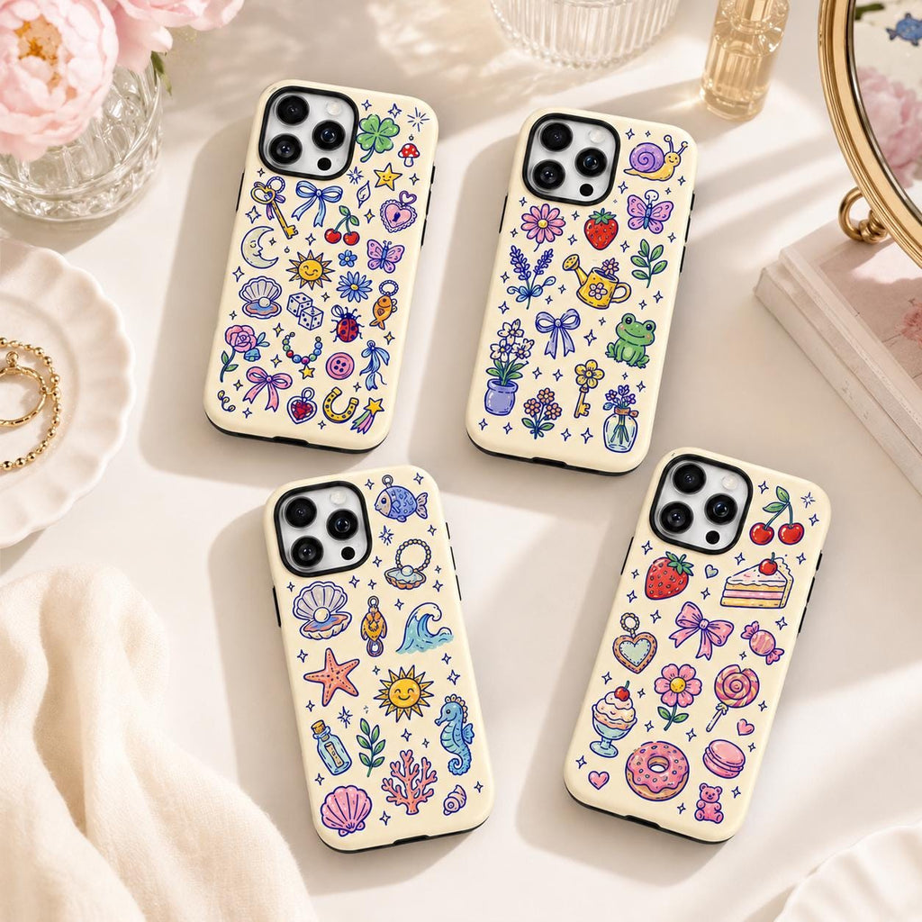 Cute Lucky Charm Phone Case, Coquette Doodle iPhone Case, Bow Star Mushroom Case Gift