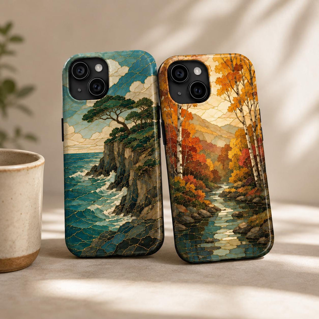 Mountain Lake Phone Case, Stained Glass Style Forest iPhone Case, Nature Lover Gift