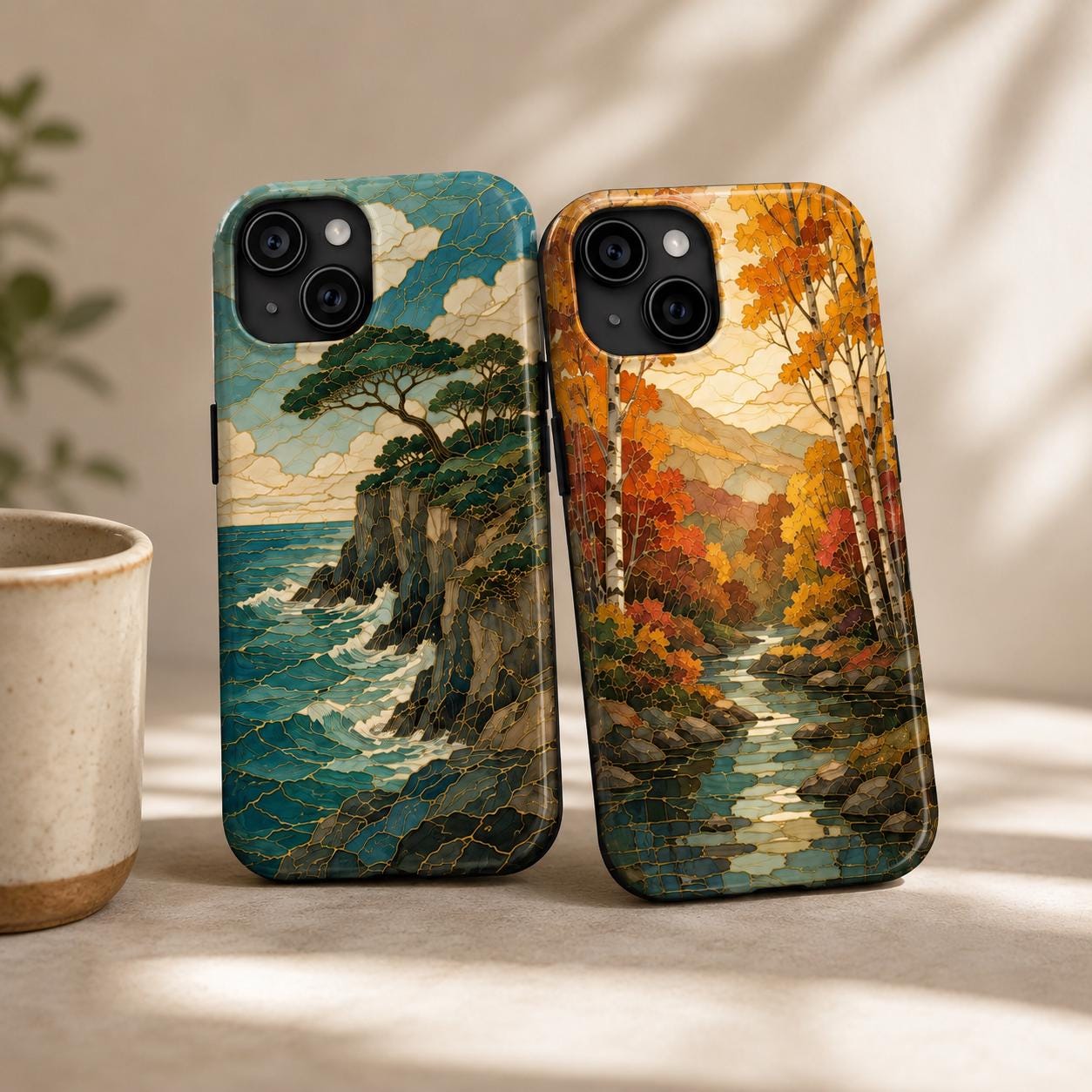 Mountain Lake Phone Case, Stained Glass Style Forest iPhone Case, Nature Lover Gift