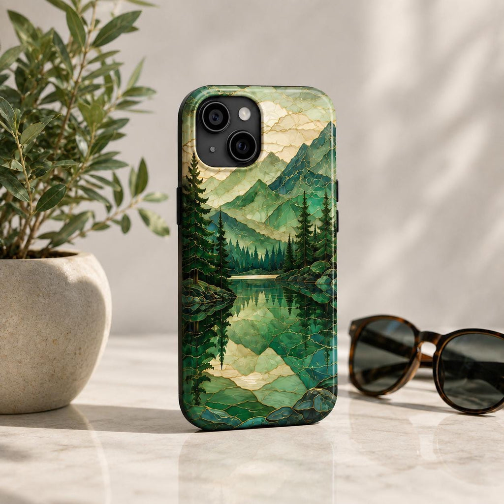 Mountain Lake Phone Case, Stained Glass Style Forest iPhone Case, Nature Lover Gift
