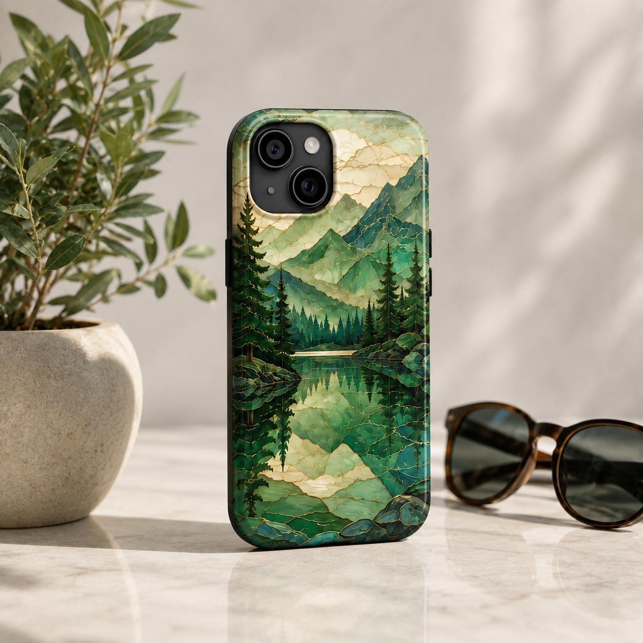 Mountain Lake Phone Case, Stained Glass Style Forest iPhone Case, Nature Lover Gift