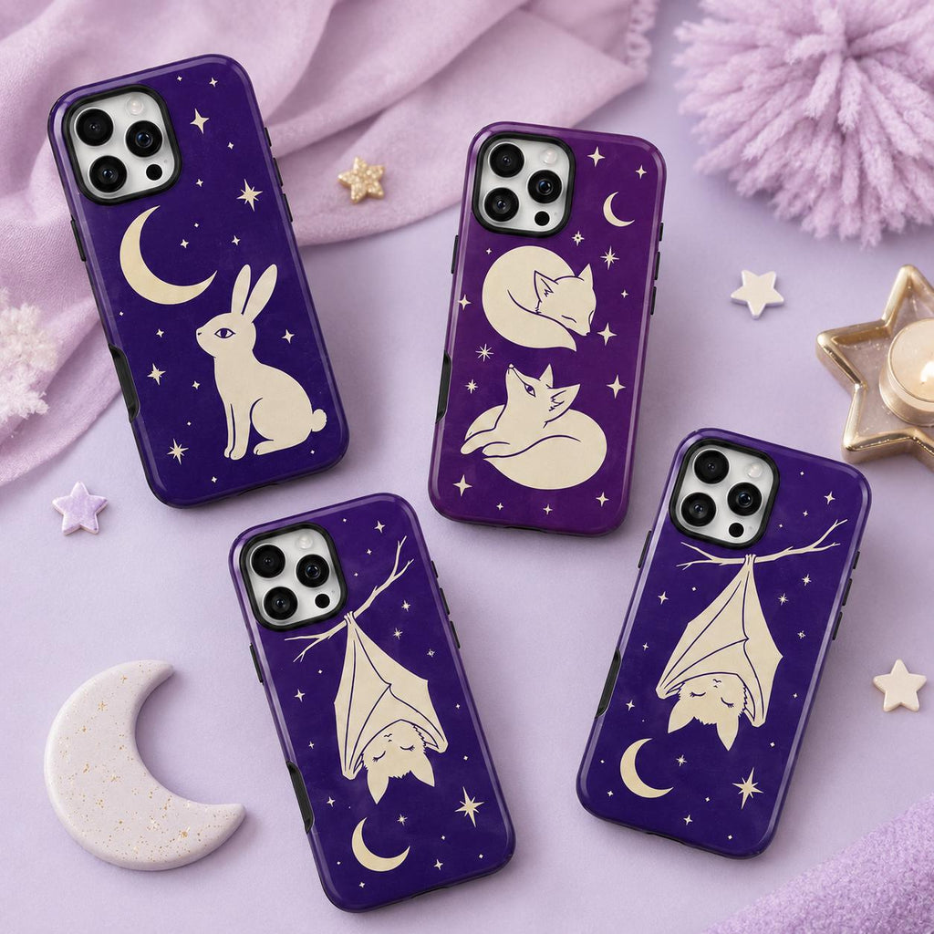 Celestial Rabbit Phone Case, Purple Moon Bunny iPhone Case, Minimal Star Animal Case Gift