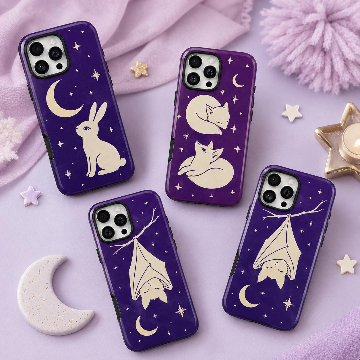 Celestial Rabbit Phone Case, Purple Moon Bunny iPhone Case, Minimal Star Animal Case Gift