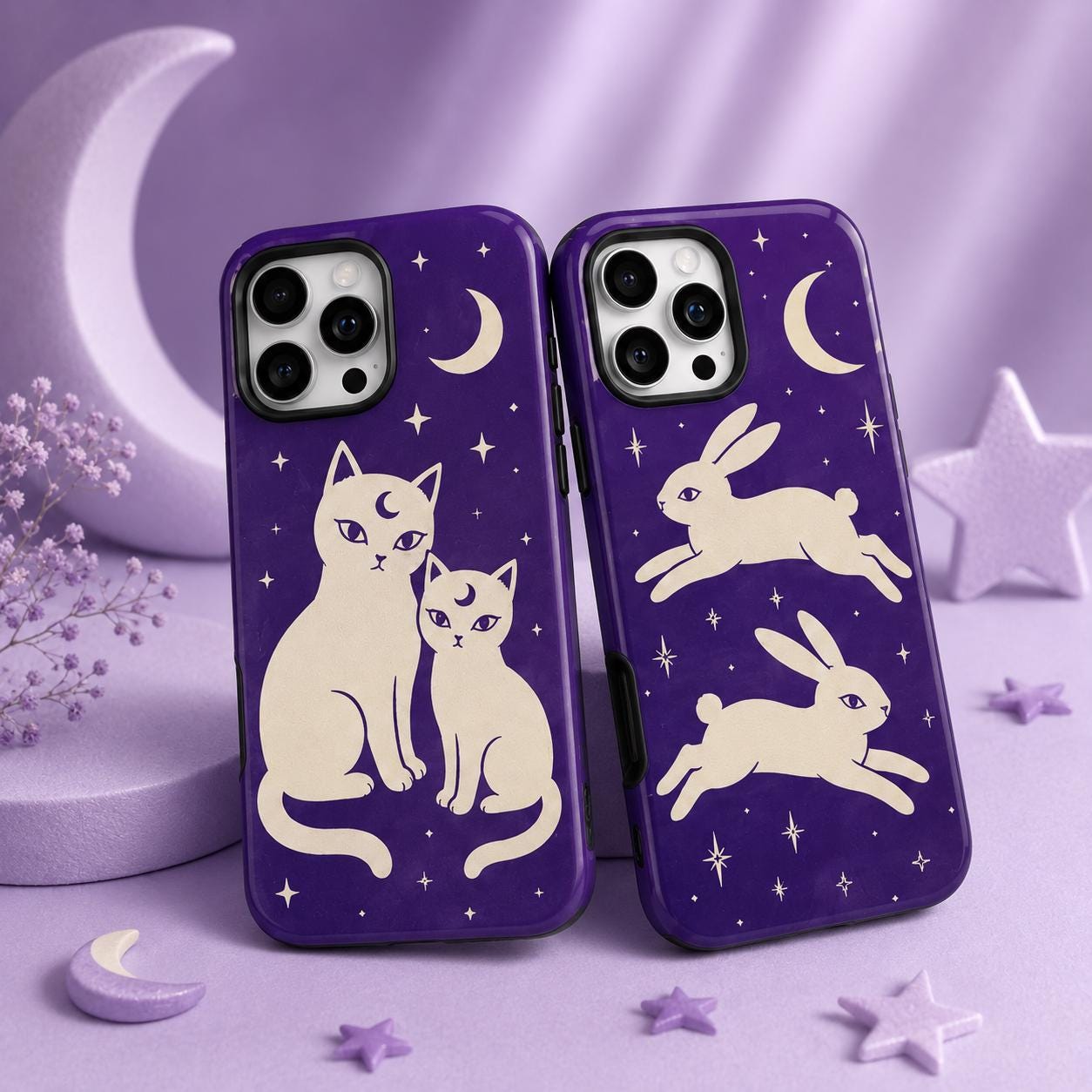 Celestial Rabbit Phone Case, Purple Moon Bunny iPhone Case, Minimal Star Animal Case Gift