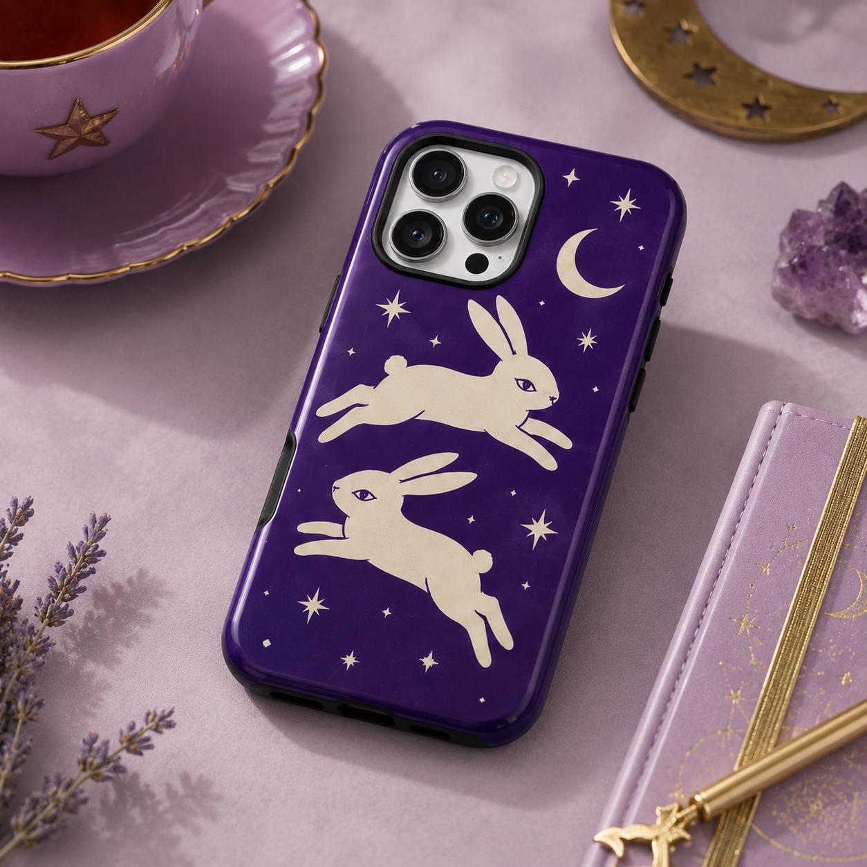 Celestial Rabbit Phone Case, Purple Moon Bunny iPhone Case, Minimal Star Animal Case Gift
