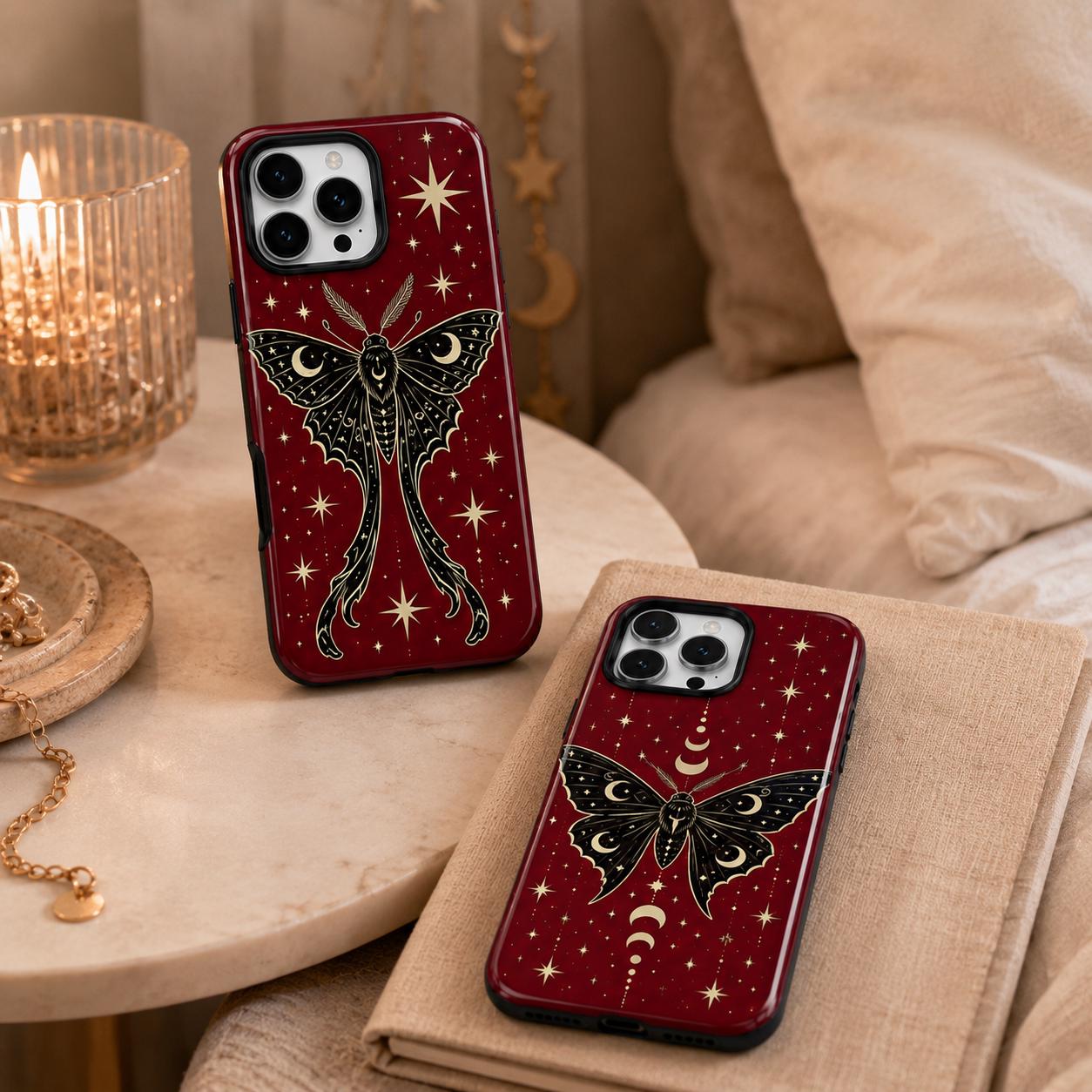Celestial Moth Phone Case, Red Moon Star iPhone Case, Gothic Insect Case Gift