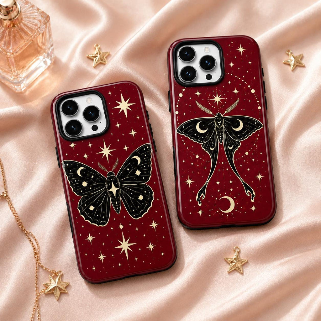 Celestial Moth Phone Case, Red Moon Star iPhone Case, Gothic Insect Case Gift