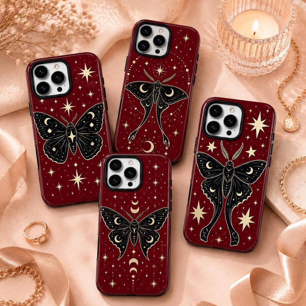 Celestial Moth Phone Case, Red Moon Star iPhone Case, Gothic Insect Case Gift