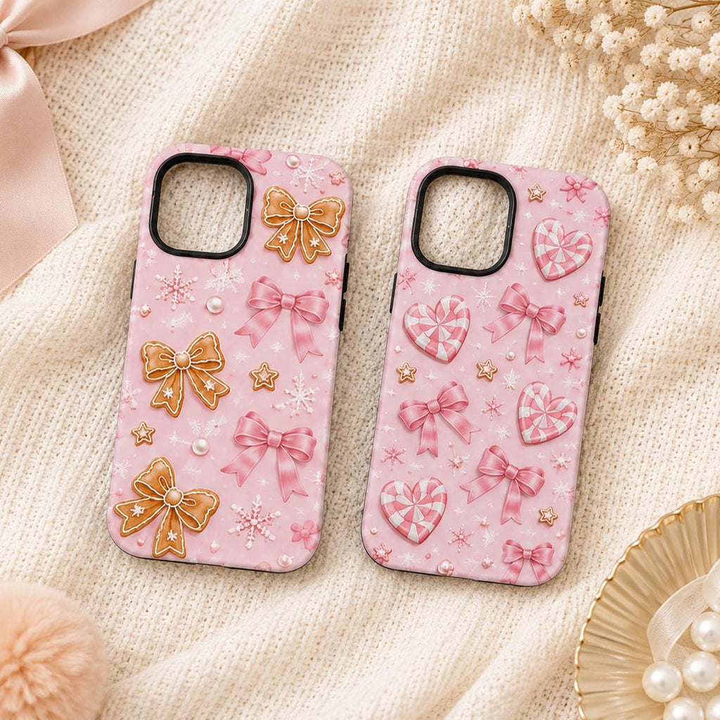 Pink Gingerbread Bow Phone Case, Coquette Christmas iPhone Case, Cute Holiday Case Gift