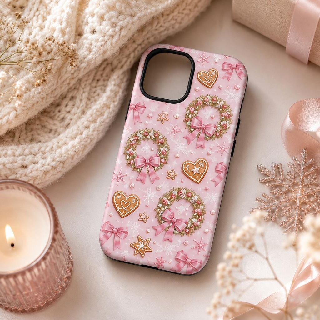 Pink Gingerbread Bow Phone Case, Coquette Christmas iPhone Case, Cute Holiday Case Gift