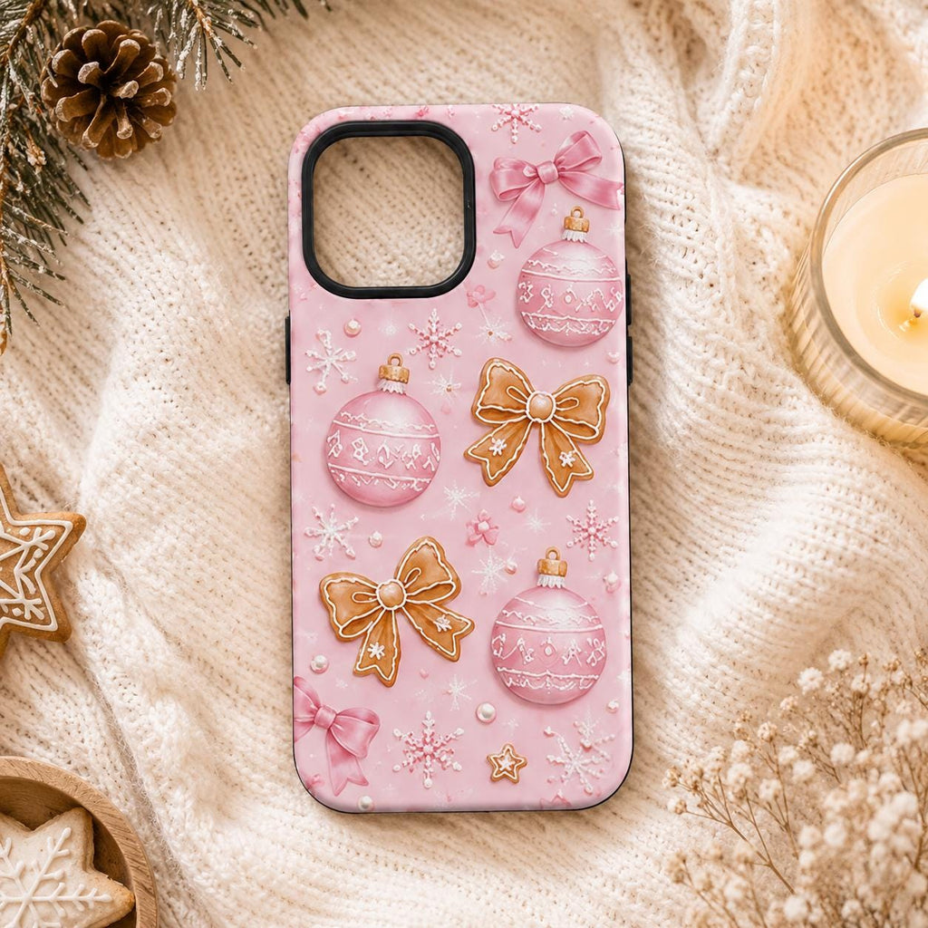 Pink Gingerbread Bow Phone Case, Coquette Christmas iPhone Case, Cute Holiday Case Gift