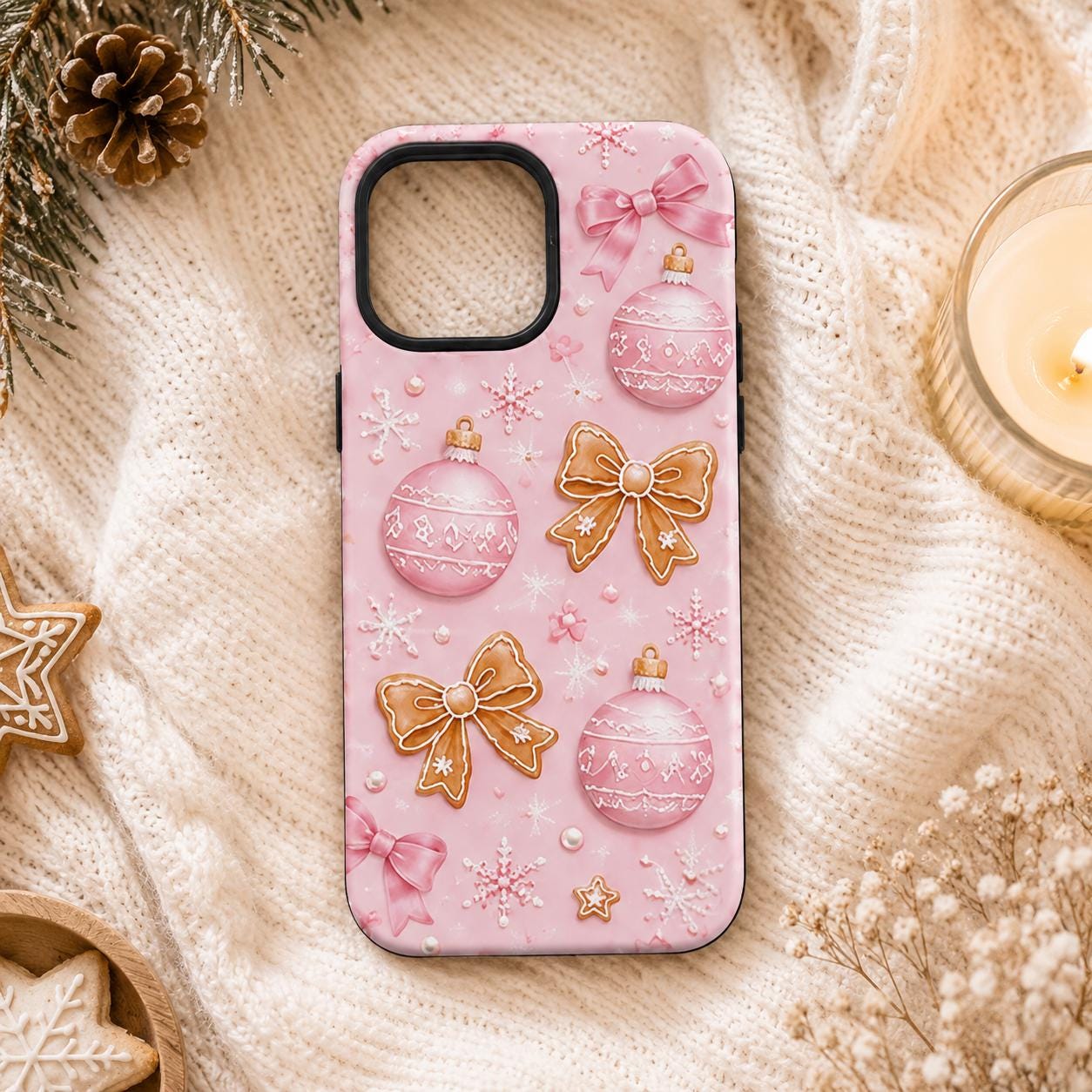 Pink Gingerbread Bow Phone Case, Coquette Christmas iPhone Case, Cute Holiday Case Gift