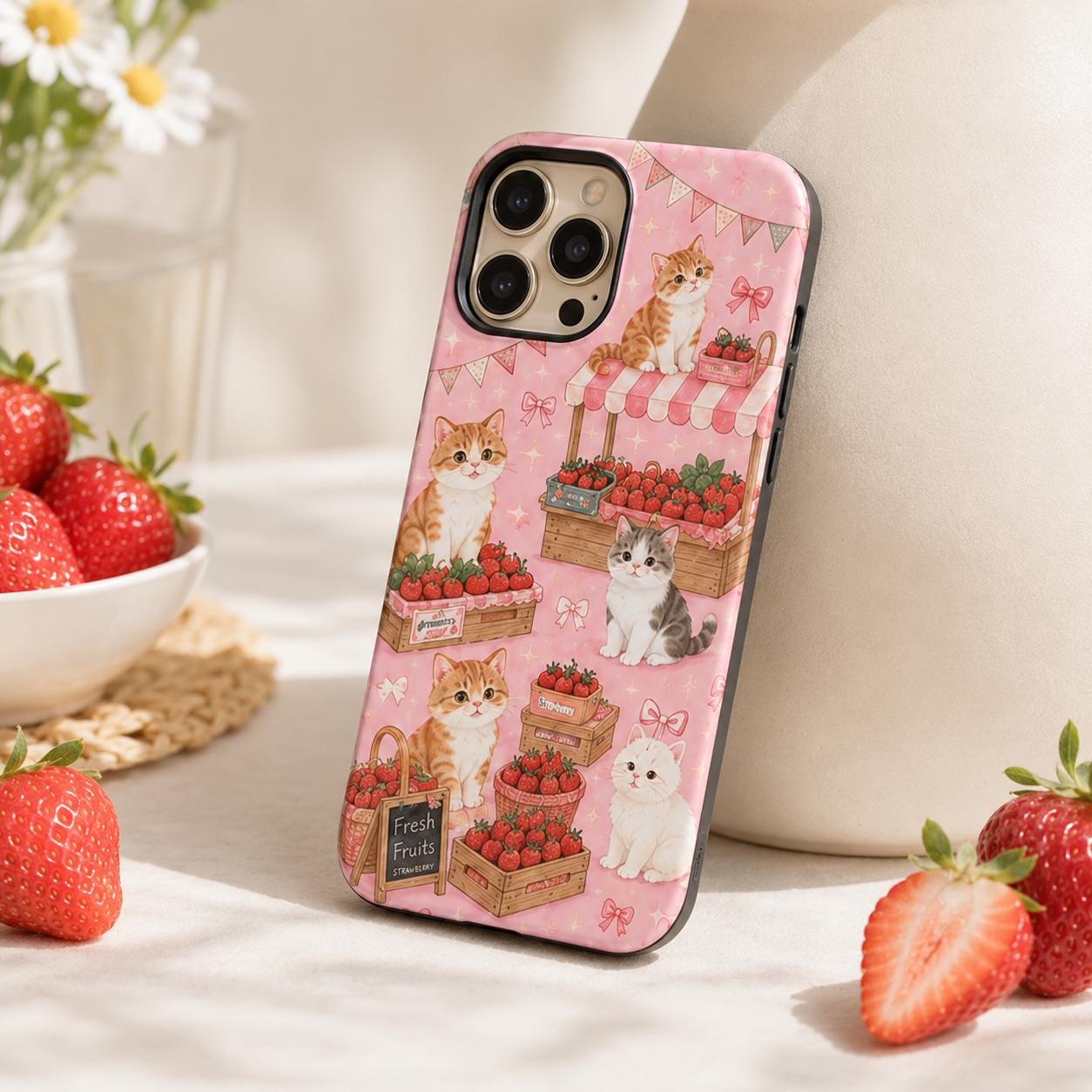 Cute Cat Picnic Phone Case, Pink Strawberry Bow iPhone Case, Coquette Cat Lover Gift