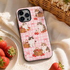 Cute Cat Picnic Phone Case, Pink Strawberry Bow iPhone Case, Coquette Cat Lover Gift
