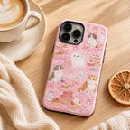 Cute Cat Picnic Phone Case, Pink Strawberry Bow iPhone Case, Coquette Cat Lover Gift