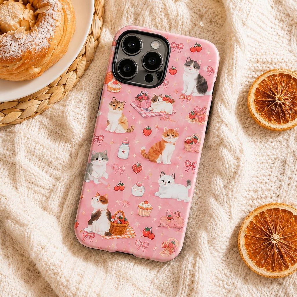 Cute Cat Picnic Phone Case, Pink Strawberry Bow iPhone Case, Coquette Cat Lover Gift