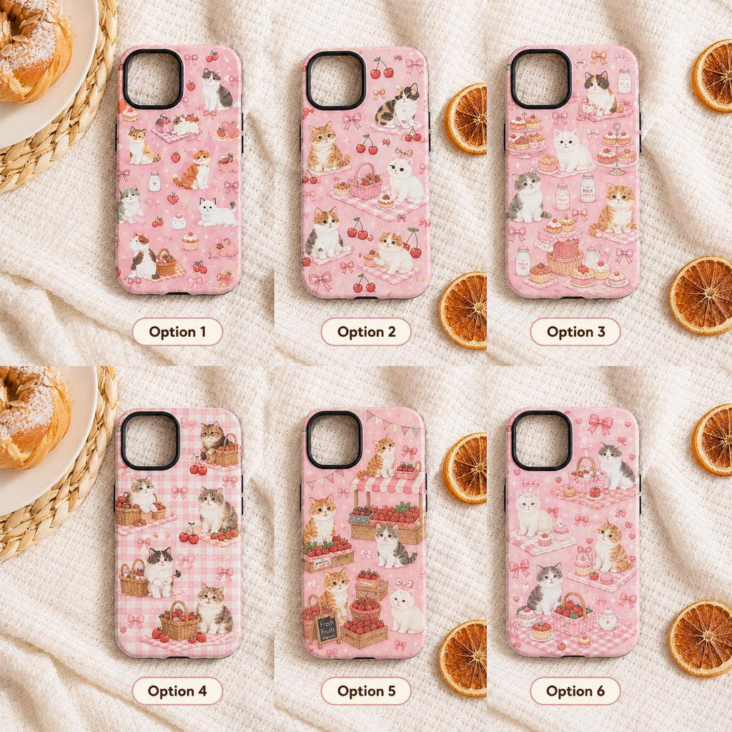 Cute Cat Picnic Phone Case, Pink Strawberry Bow iPhone Case, Coquette Cat Lover Gift
