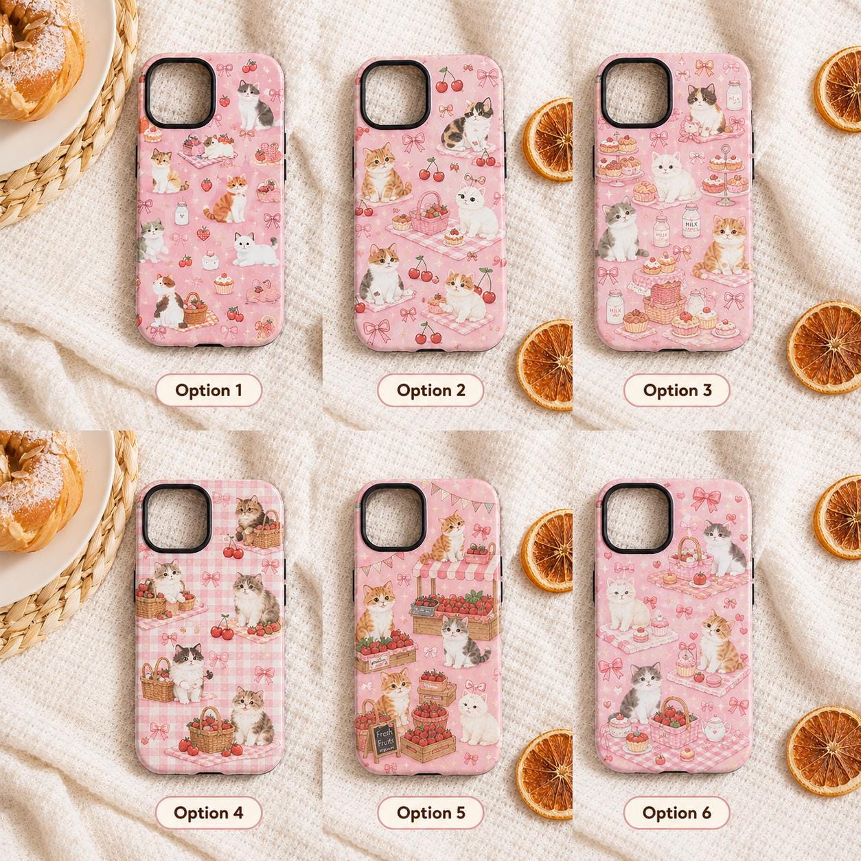 Cute Cat Picnic Phone Case, Pink Strawberry Bow iPhone Case, Coquette Cat Lover Gift