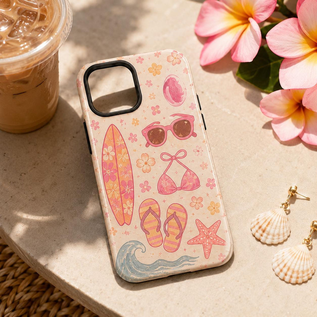 Summer Stamp Phone Case, Pink Beach iPhone Case, Coquette Coastal Travel Case Gift