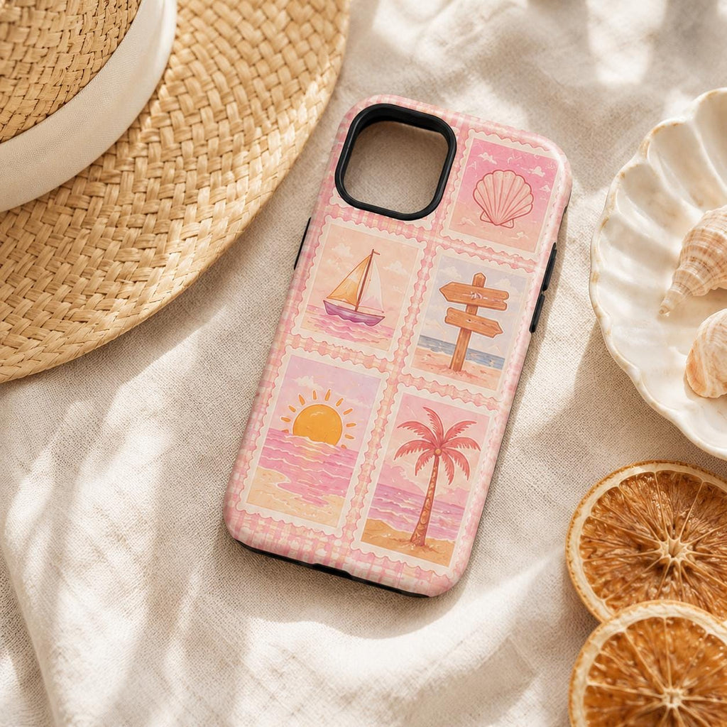 Summer Stamp Phone Case, Pink Beach iPhone Case, Coquette Coastal Travel Case Gift