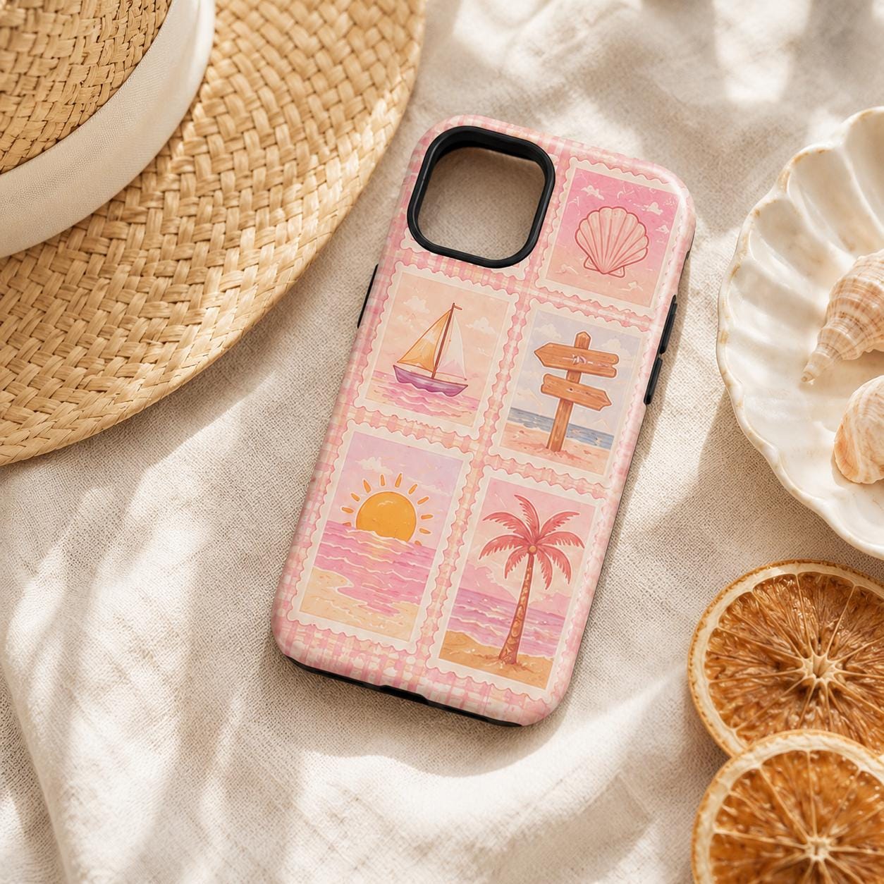 Summer Stamp Phone Case, Pink Beach iPhone Case, Coquette Coastal Travel Case Gift