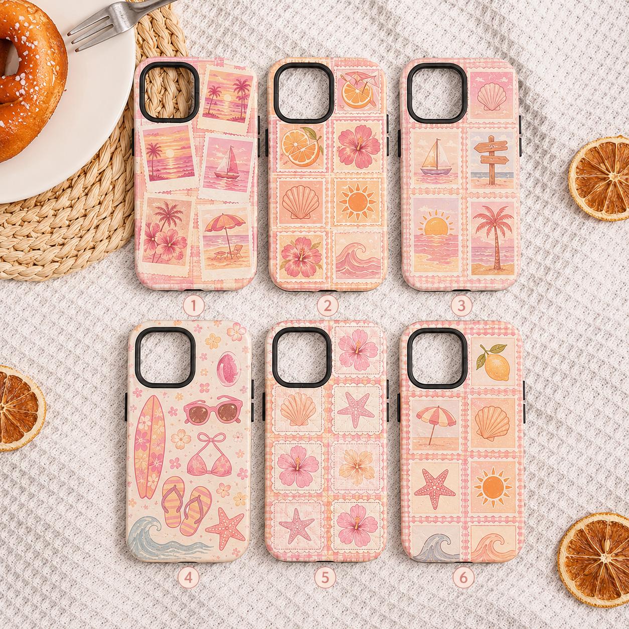 Summer Stamp Phone Case, Pink Beach iPhone Case, Coquette Coastal Travel Case Gift