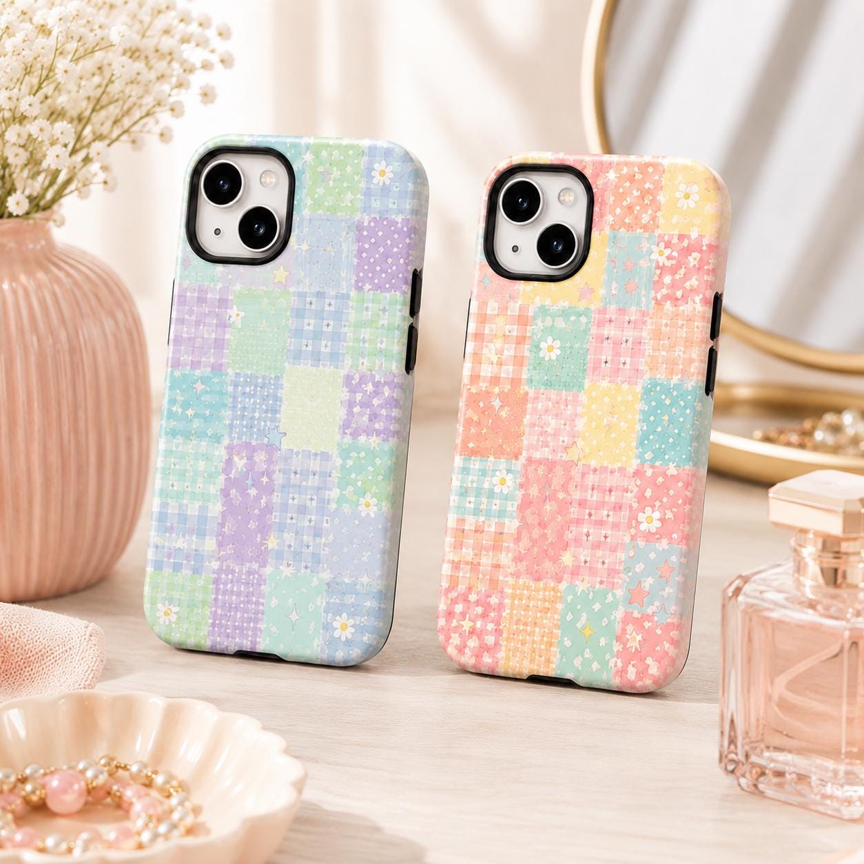 Pastel Patchwork Phone Case, Coquette Quilt Star iPhone Case, Cute Cottagecore Case Gift