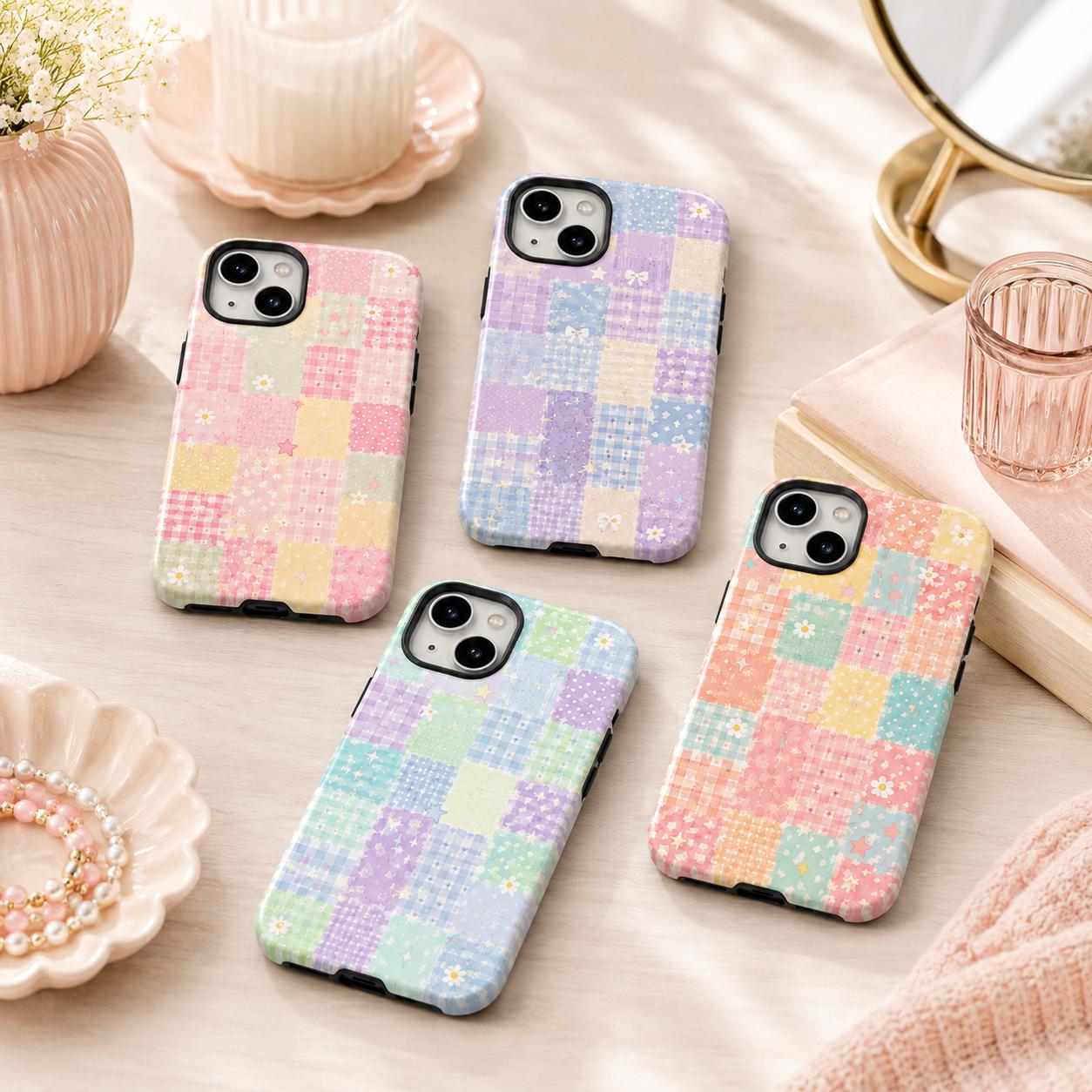 Pastel Patchwork Phone Case, Coquette Quilt Star iPhone Case, Cute Cottagecore Case Gift