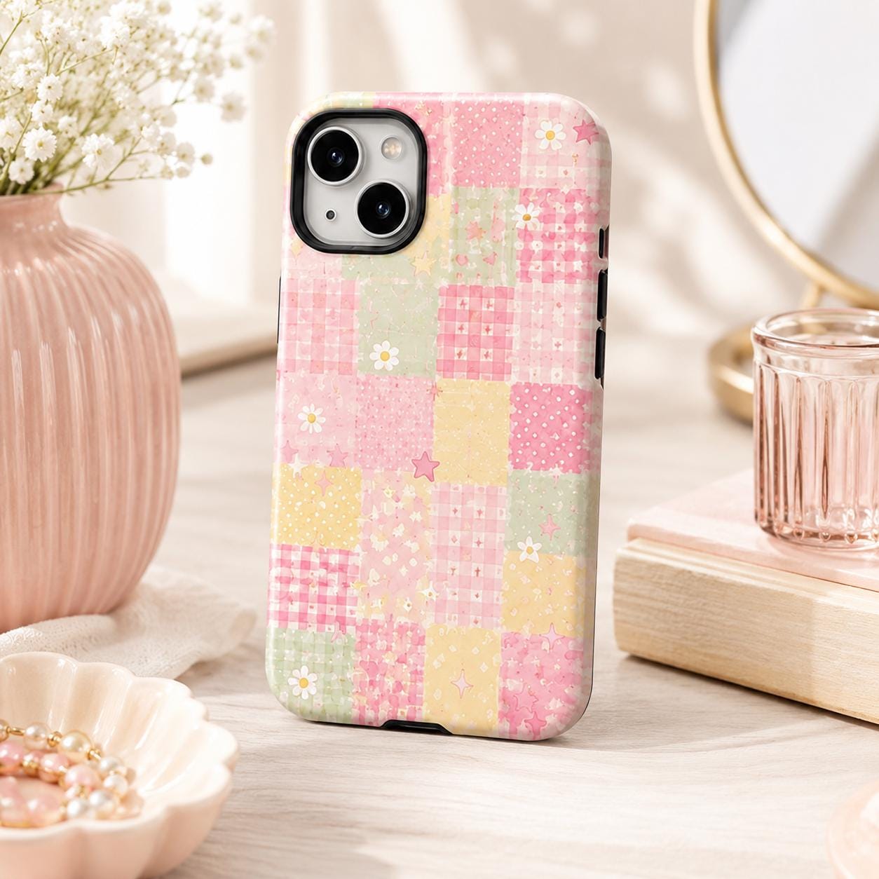 Pastel Patchwork Phone Case, Coquette Quilt Star iPhone Case, Cute Cottagecore Case Gift