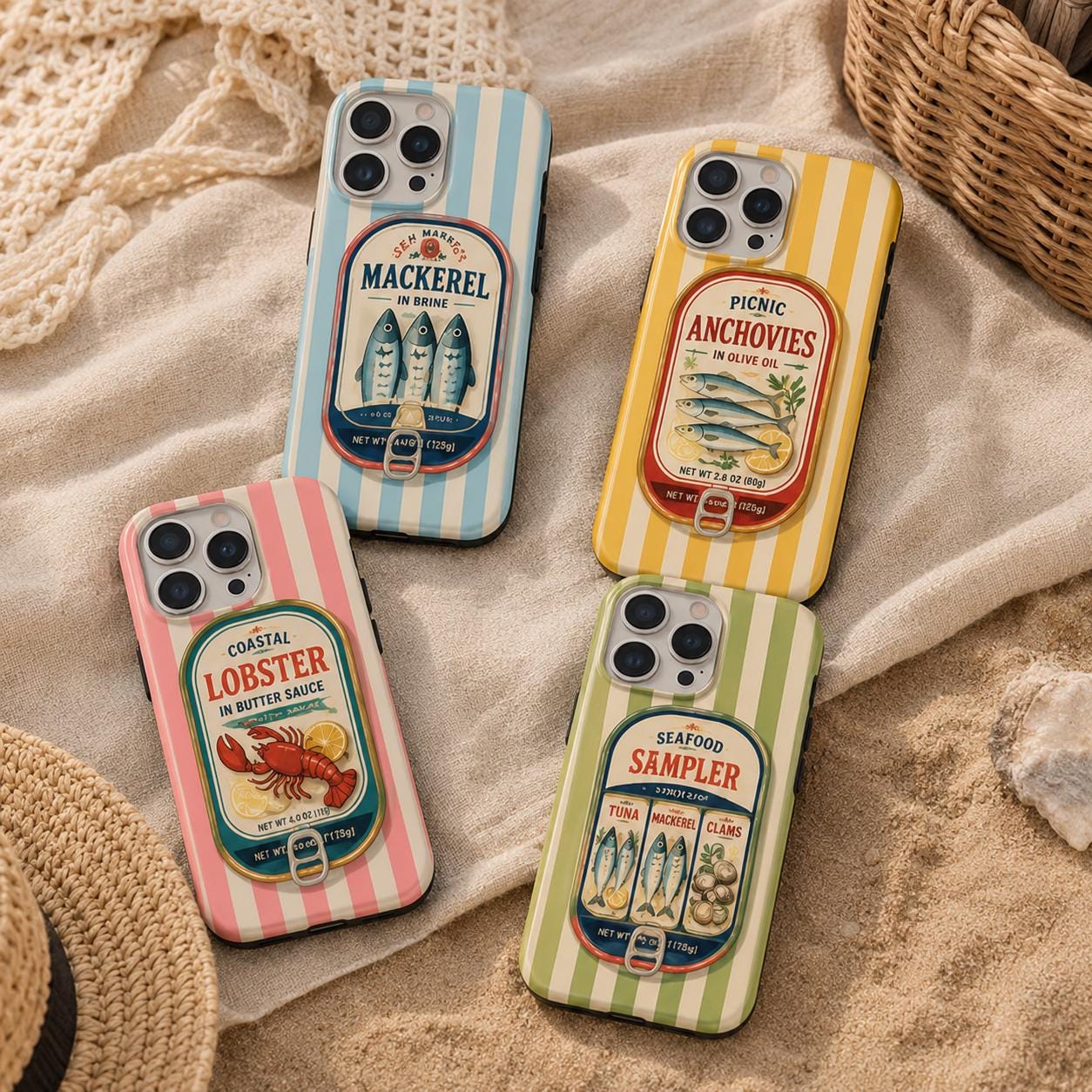 Mackerel Tin Phone Case, Coastal Sea Market iPhone Case, Retro Fish Lover Gift