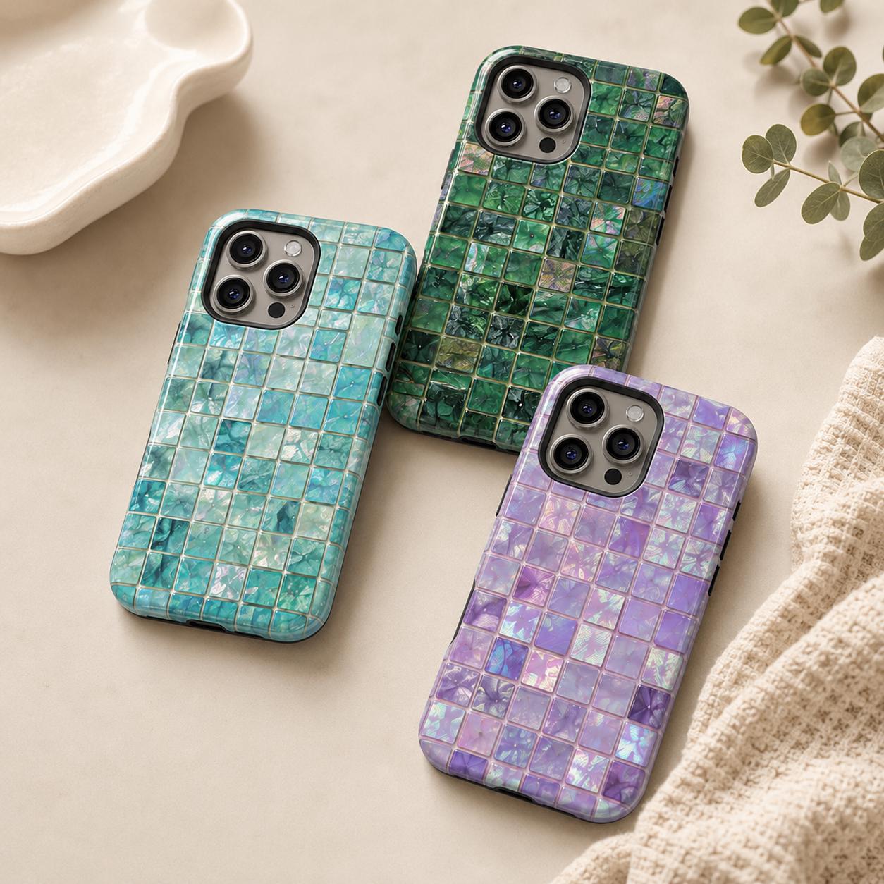 2D Printed Aqua Mosaic Phone Case, Iridescent Tile iPhone Case, Mermaid Ocean Aesthetic Case Gift
