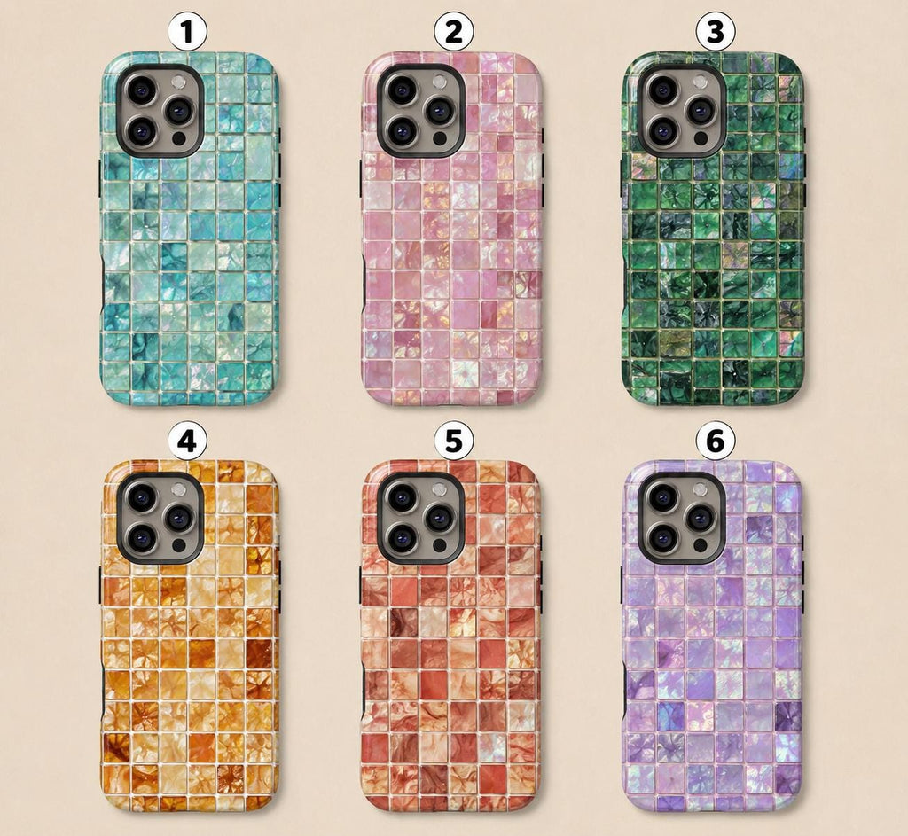 2D Printed Aqua Mosaic Phone Case, Iridescent Tile iPhone Case, Mermaid Ocean Aesthetic Case Gift