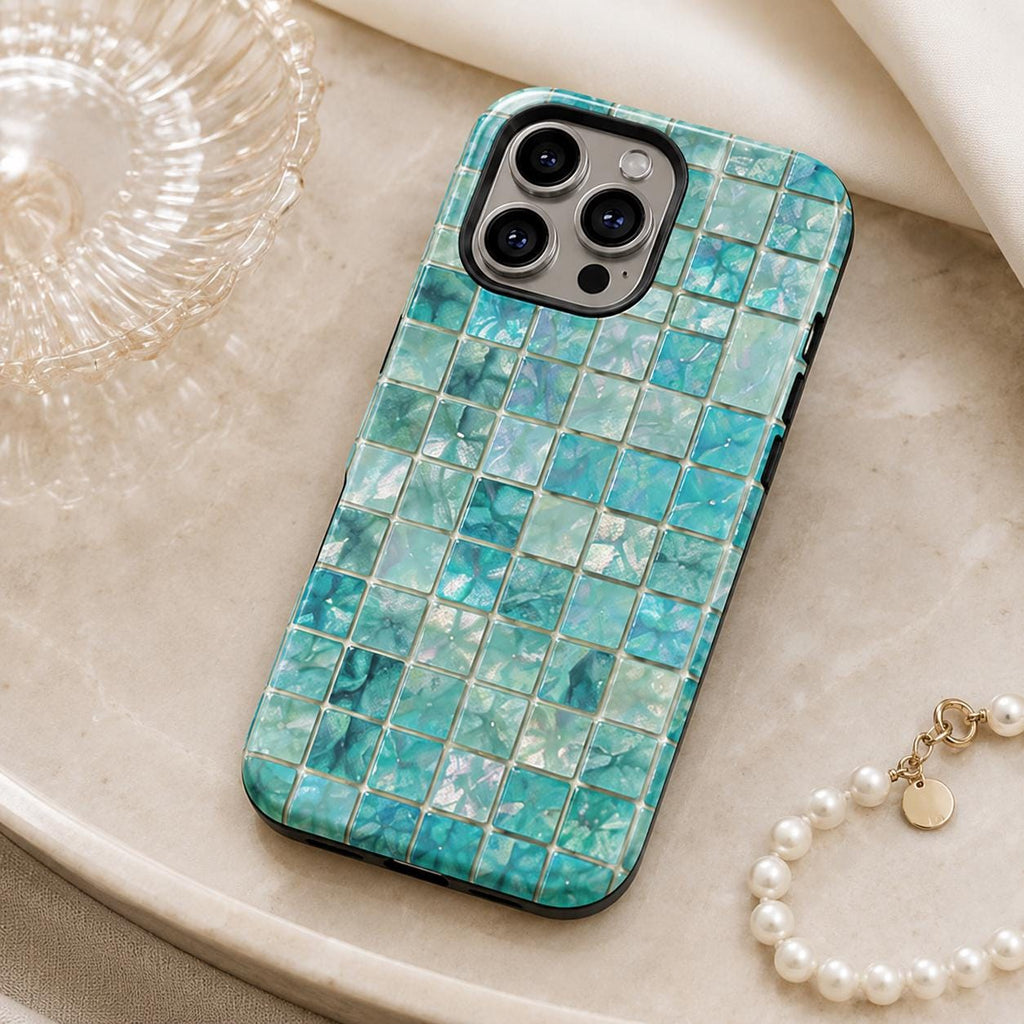 2D Printed Aqua Mosaic Phone Case, Iridescent Tile iPhone Case, Mermaid Ocean Aesthetic Case Gift