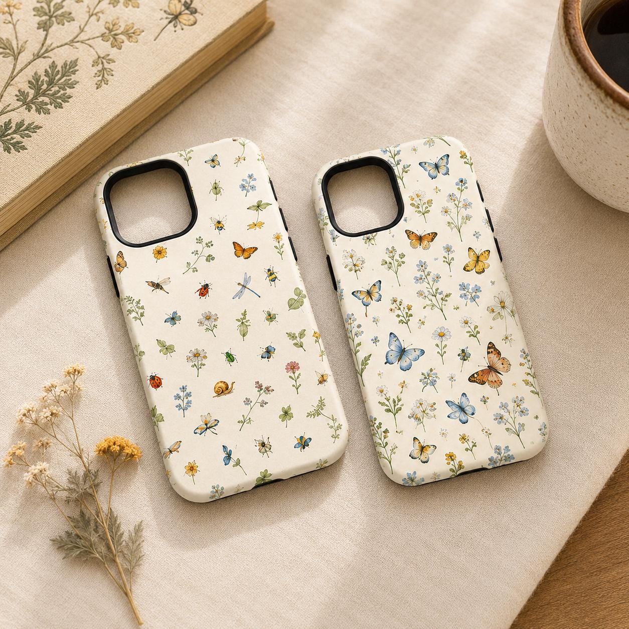 Wildflower Bug Phone Case, Cottagecore Floral iPhone Case, Daisy Butterfly Nature Case Gift