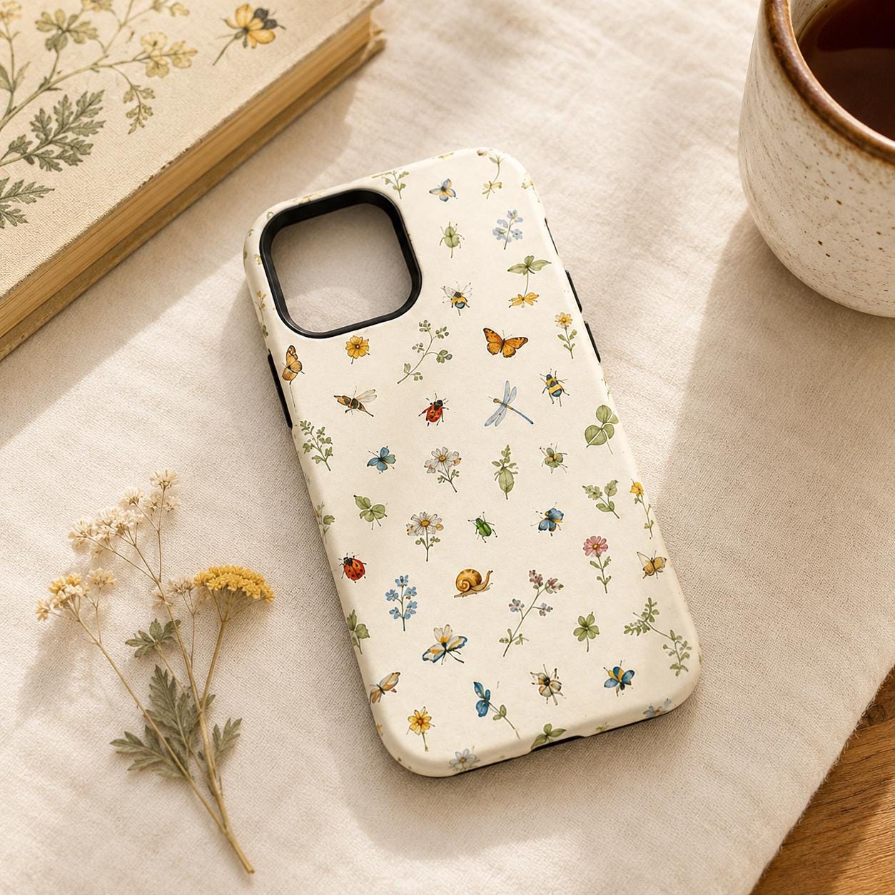 Wildflower Bug Phone Case, Cottagecore Floral iPhone Case, Daisy Butterfly Nature Case Gift