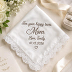 For Your Happy Tears Embroidered Handkerchief, Mother of the Bride Gift, Personalized Wedding Hanky, Satin Lace Keepsake