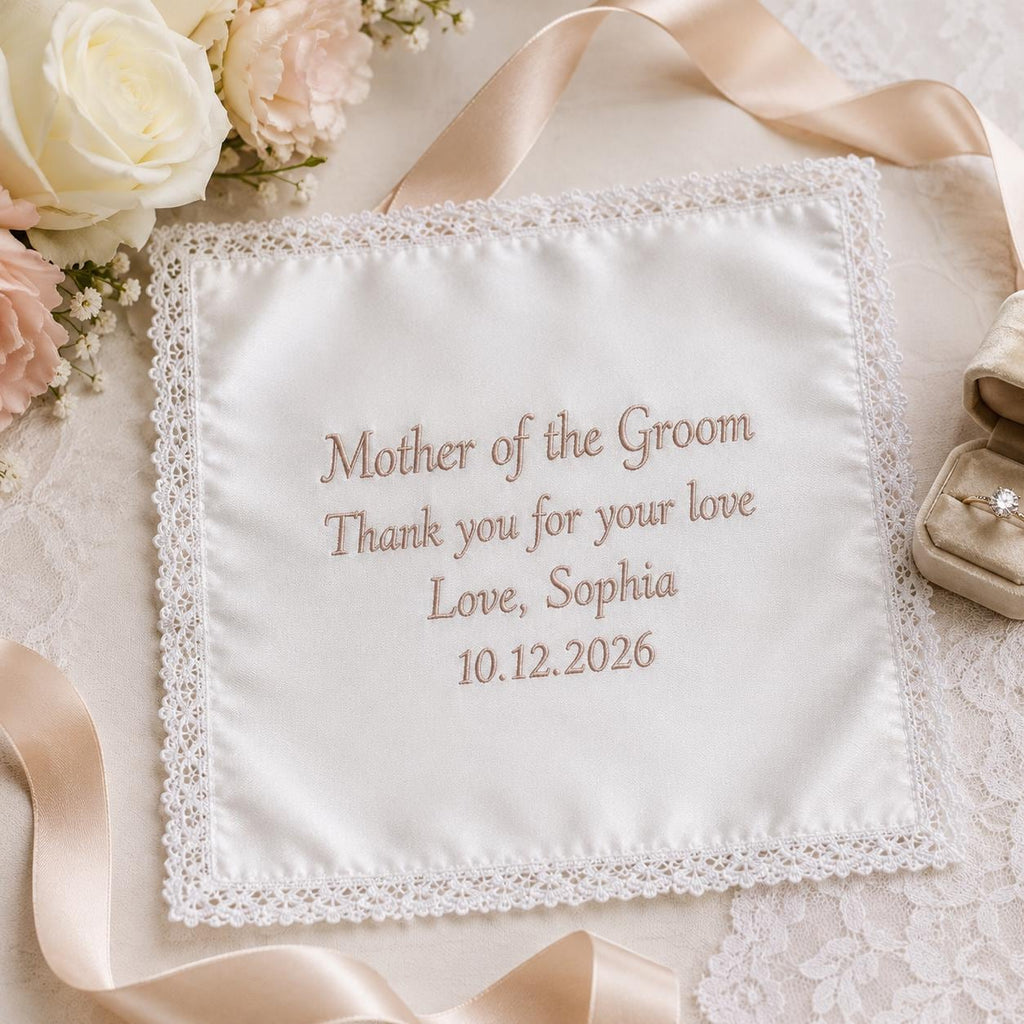 Mother of the Groom Embroidered Handkerchief, Personalized Wedding Hanky, Satin Lace Keepsake Gift from Bride