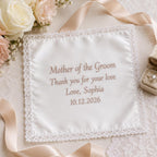 Mother of the Groom Embroidered Handkerchief, Personalized Wedding Hanky, Satin Lace Keepsake Gift from Bride