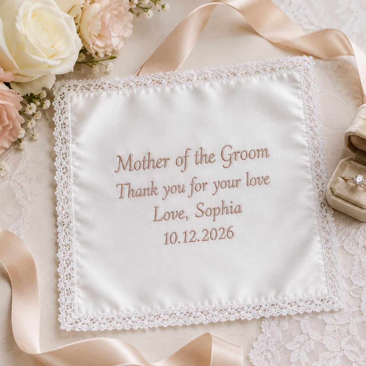 Mother of the Groom Embroidered Handkerchief, Personalized Wedding Hanky, Satin Lace Keepsake Gift from Bride