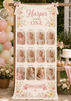 One Year Photo Banner, First Birthday Milestone Fabric Sign, Personalized 12 Month Satin Banner – main product view