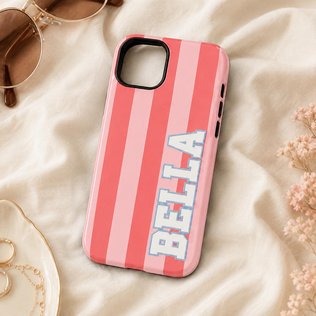 Custom Varsity Name Phone Case, Striped Pastel iPhone Case, Personalized Preppy Name Case Gift