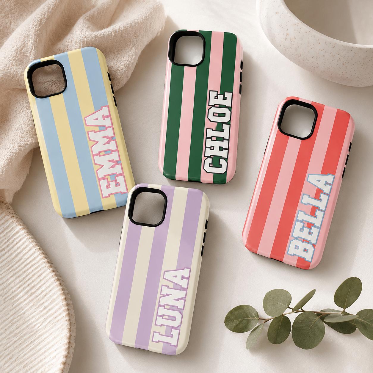 Custom Varsity Name Phone Case, Striped Pastel iPhone Case, Personalized Preppy Name Case Gift