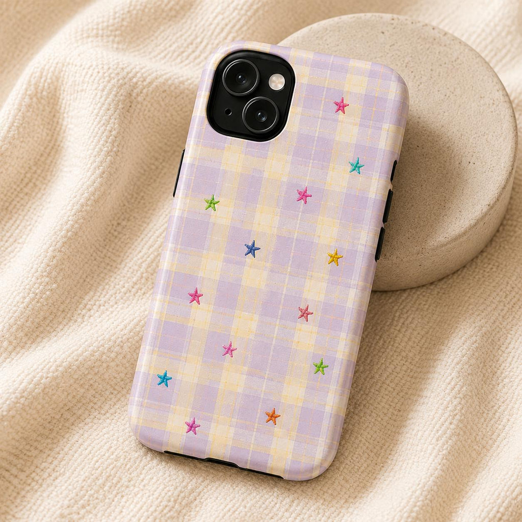 Gingham Star Phone Case, Colorful Plaid iPhone Case, Cute Coquette Checkered Case Gift