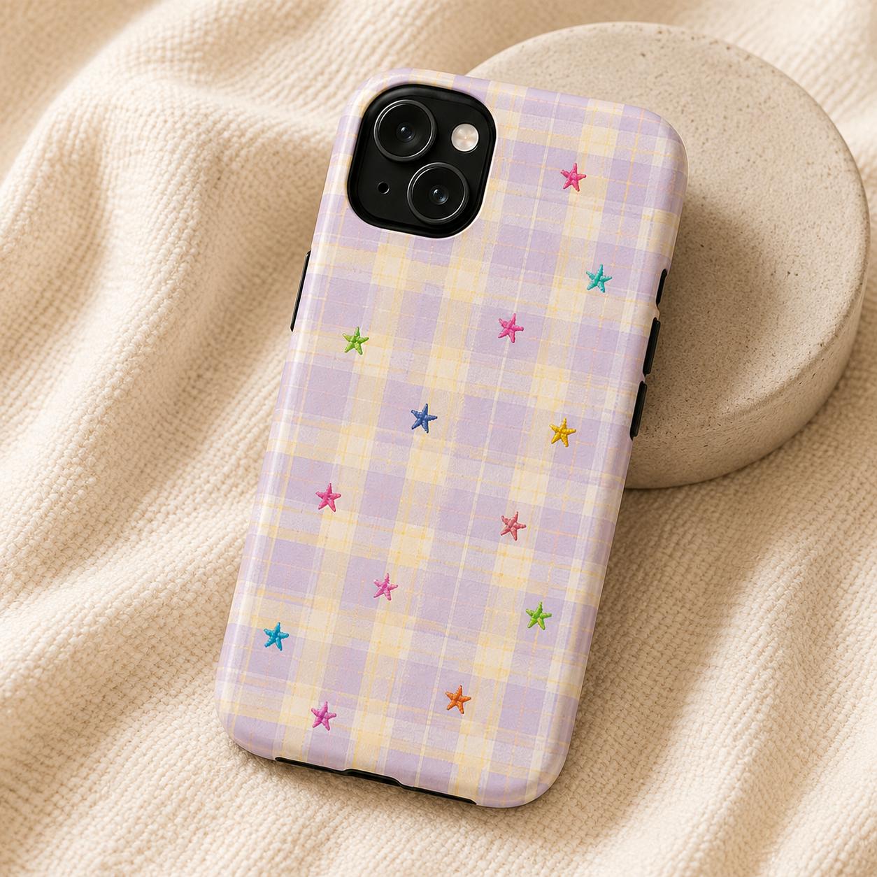 Gingham Star Phone Case, Colorful Plaid iPhone Case, Cute Coquette Checkered Case Gift