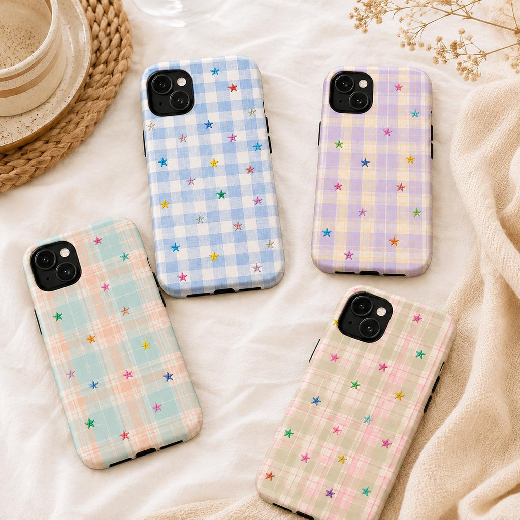 Gingham Star Phone Case, Colorful Plaid iPhone Case, Cute Coquette Checkered Case Gift