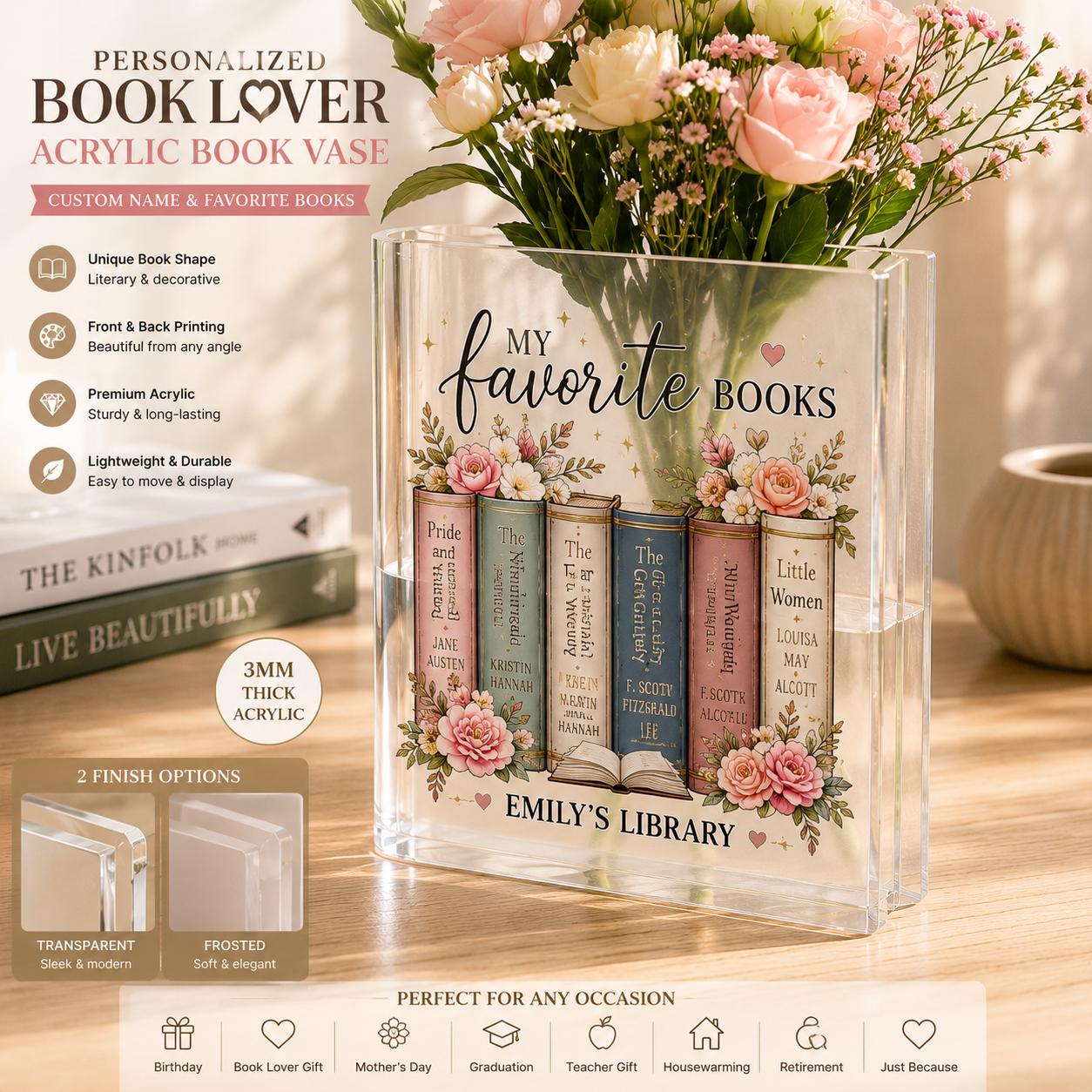 Personalized Acrylic Book Vase, Custom Book Lover Flower Vase, Favorite Books Reader Gift - product image 3